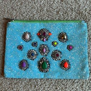 Kate Landry sequin rhinestone clutch bag blue silver purple orange zipper